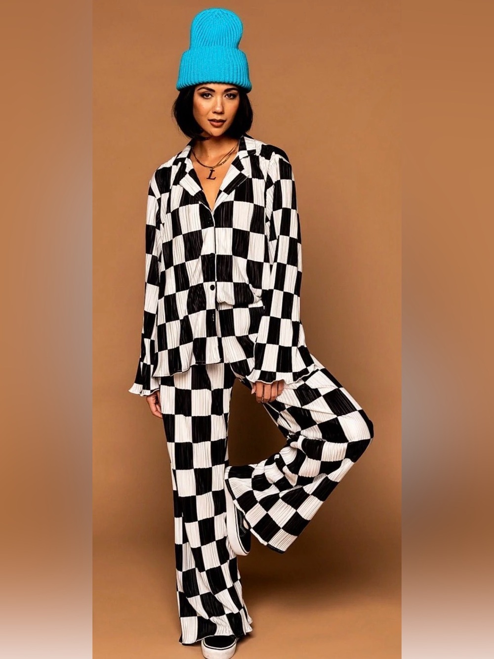 Long Sleeve Plissé Set in Checkerboard